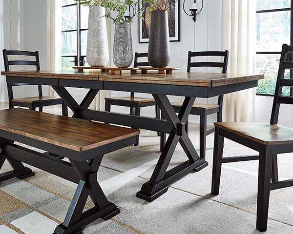 Black & Brown Wood Dining Table With Bench & 4 Chairs